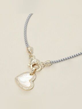 14K Gold Plated Two Tone CZ Stone Paved Mother of Pearl Heart Pendant Necklace